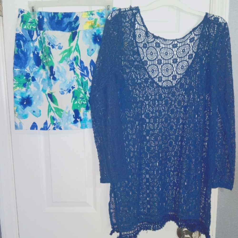 women's blue flower pattern mini skirt/skort pm large crochet large
